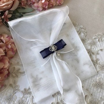 Ekru&Lacivert Fiyonklu Kese | 25*35 cm