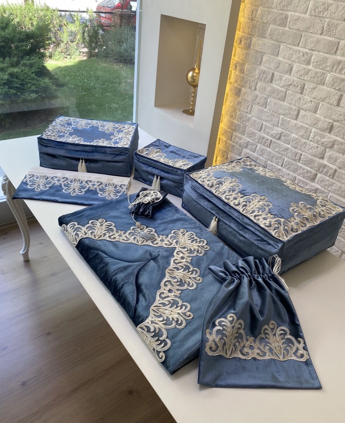 Fransız Dantelli Bohça Seti | Çelik Mavi