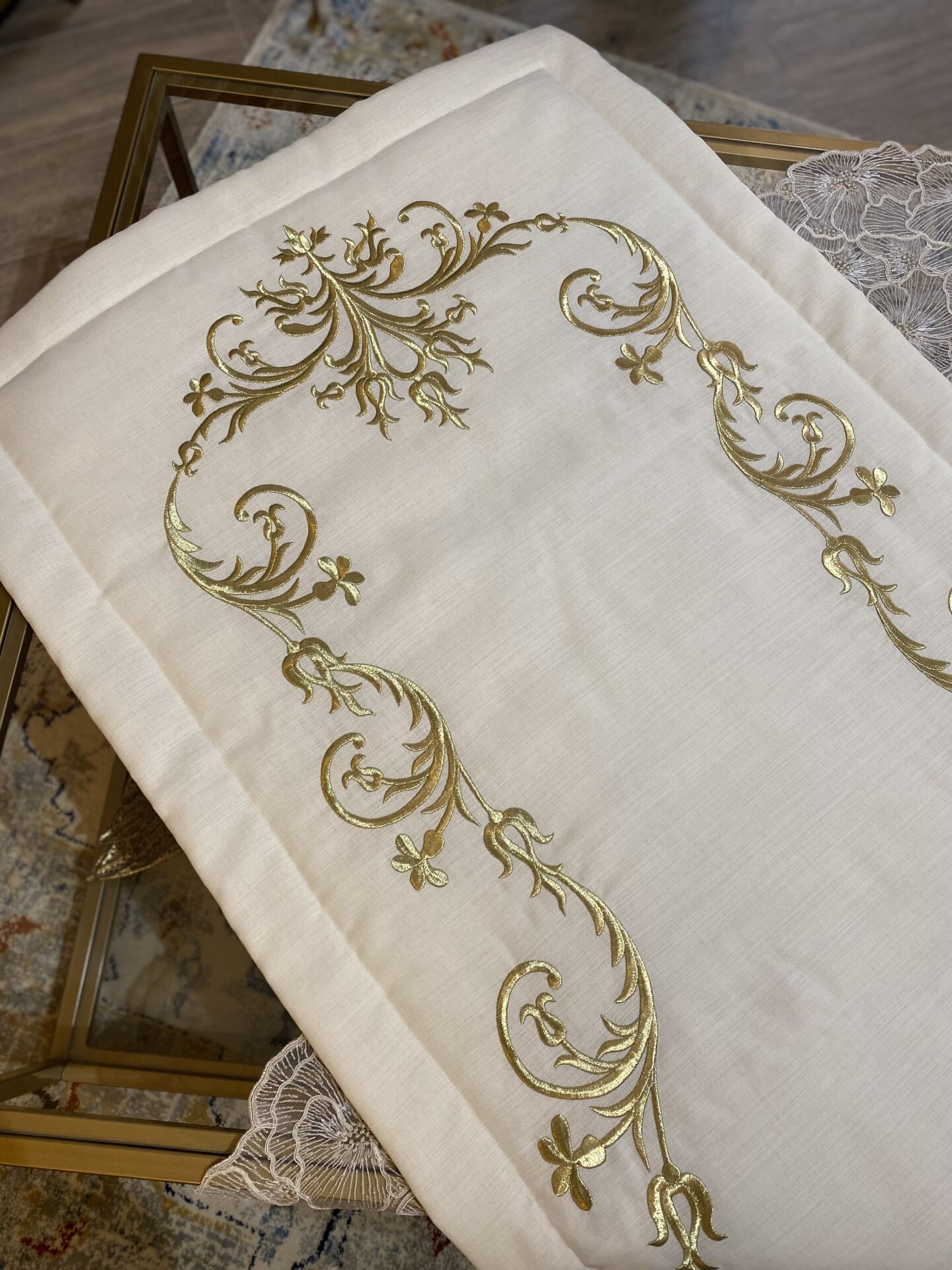 Nakışlı Keten Seccade | Ekru&Gold