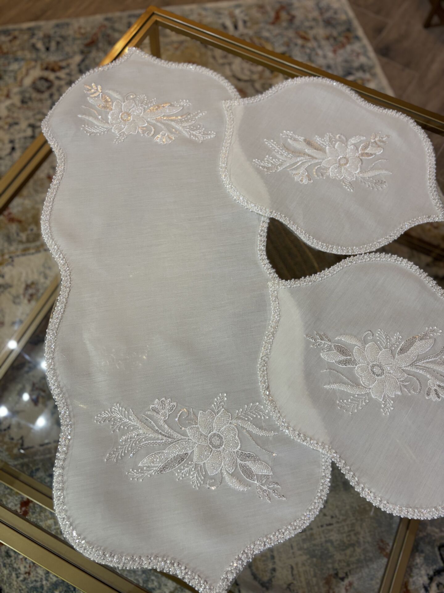 Fransız Dantelli&İncili 3 Parça Takım | Ekru