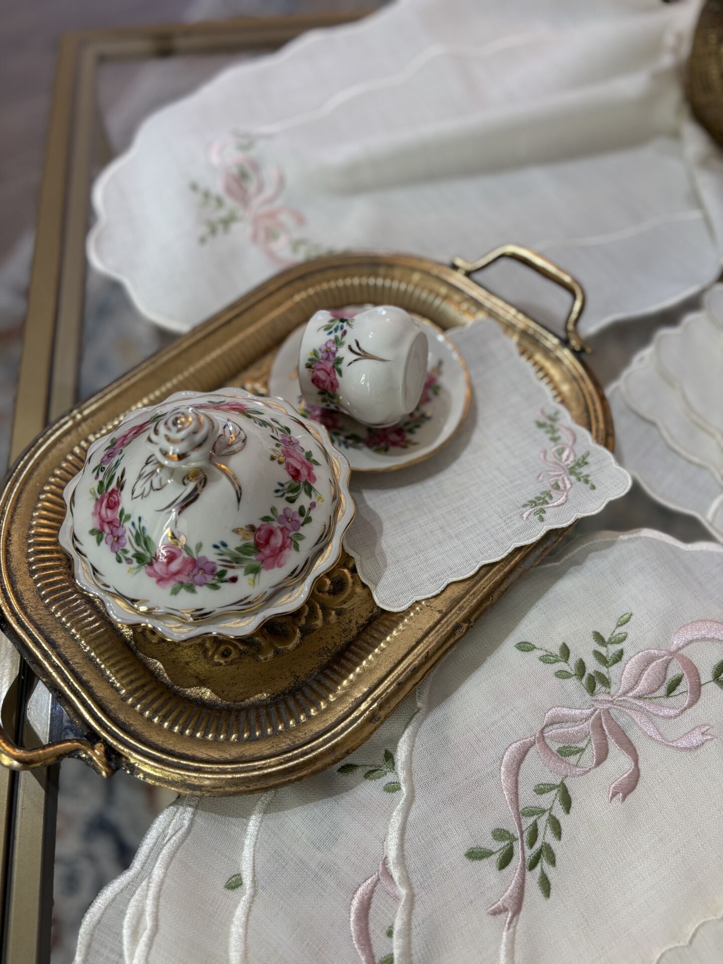 Nakışlı Servis Takımı | Ekru&Pudra