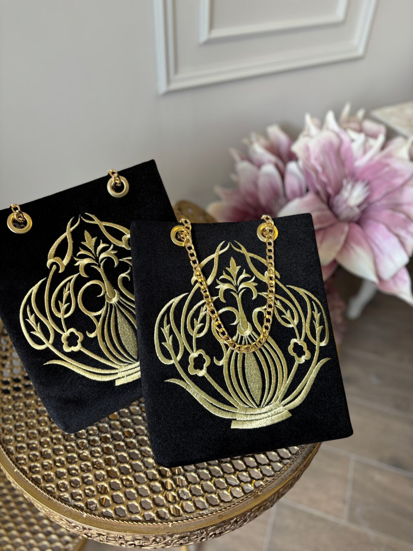Nakışlı Kadife Çanta | Siyah&Gold