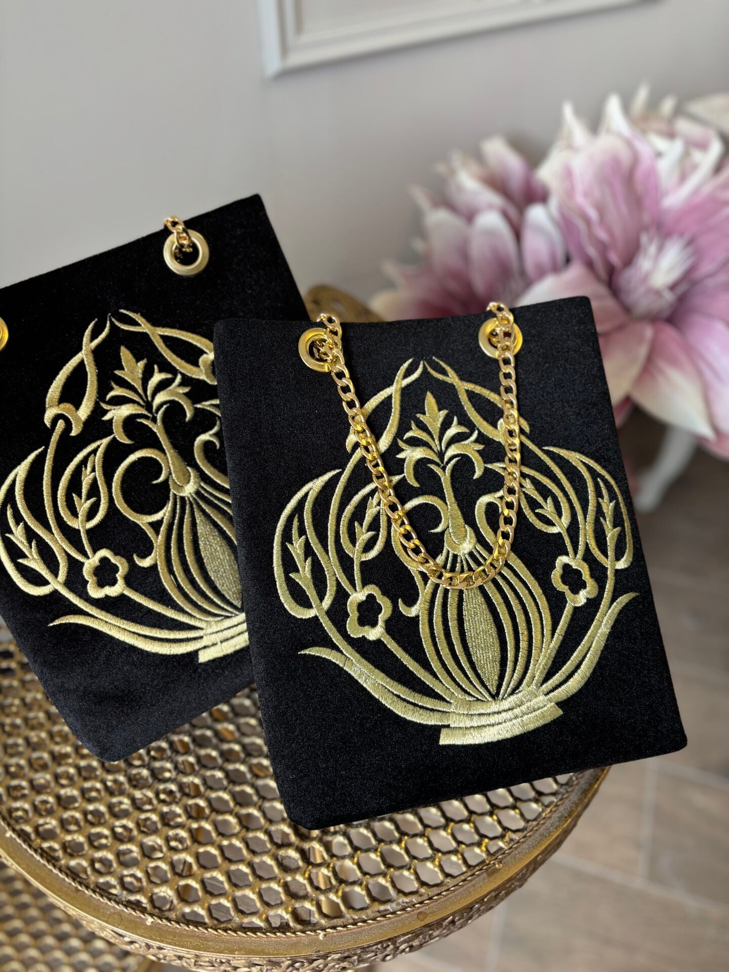 Nakışlı Kadife Çanta | Siyah&Gold