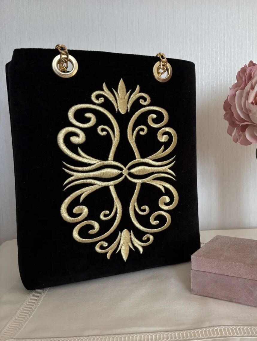 Nakışlı Kadife Çanta | Siyah&Gold