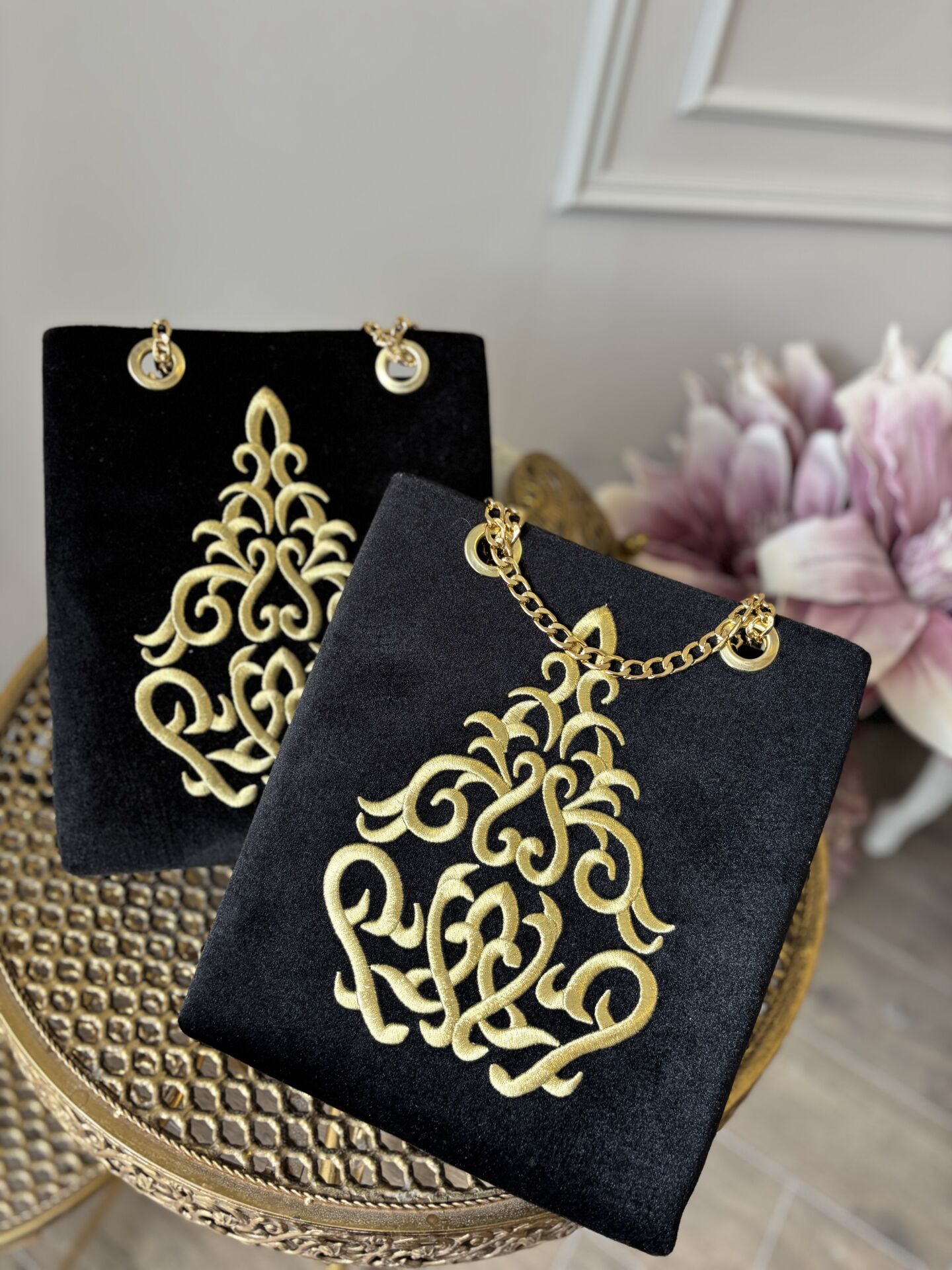 Nakışlı Kadife Çanta | Siyah&Gold