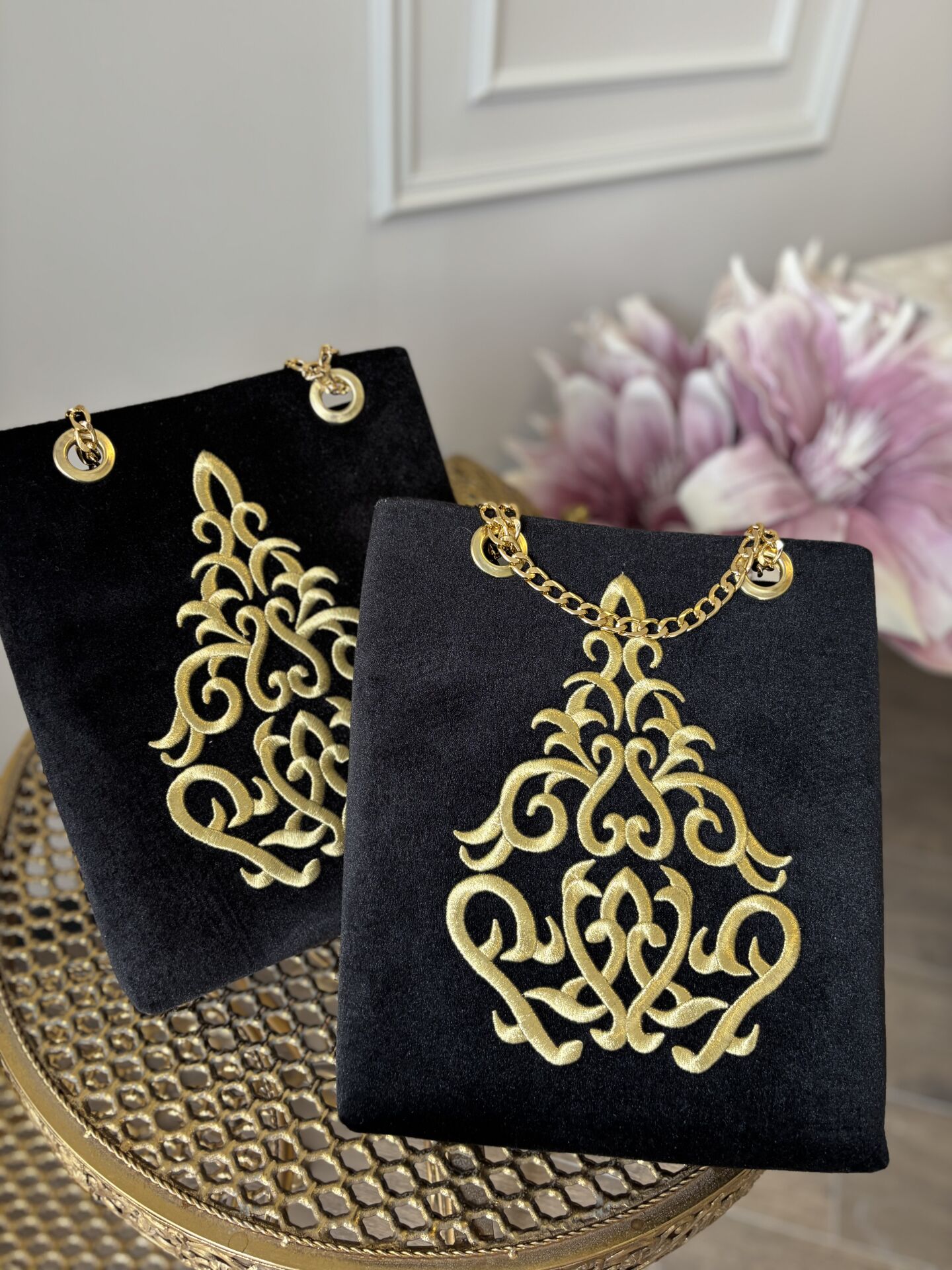 Nakışlı Kadife Çanta | Siyah&Gold