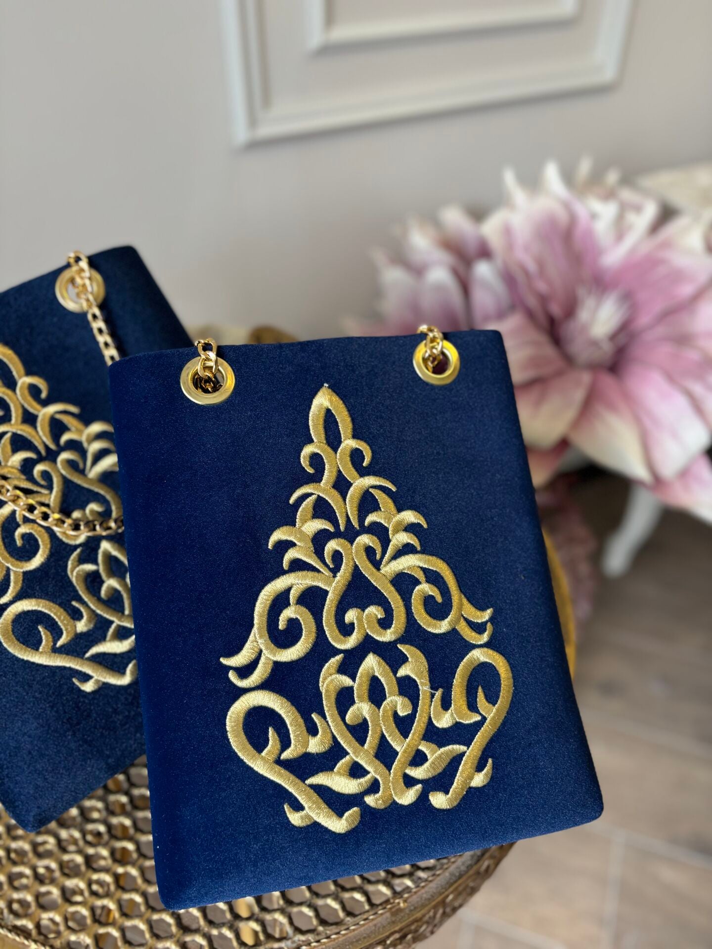 Nakışlı Kadife Çanta | Lacivert&Gold