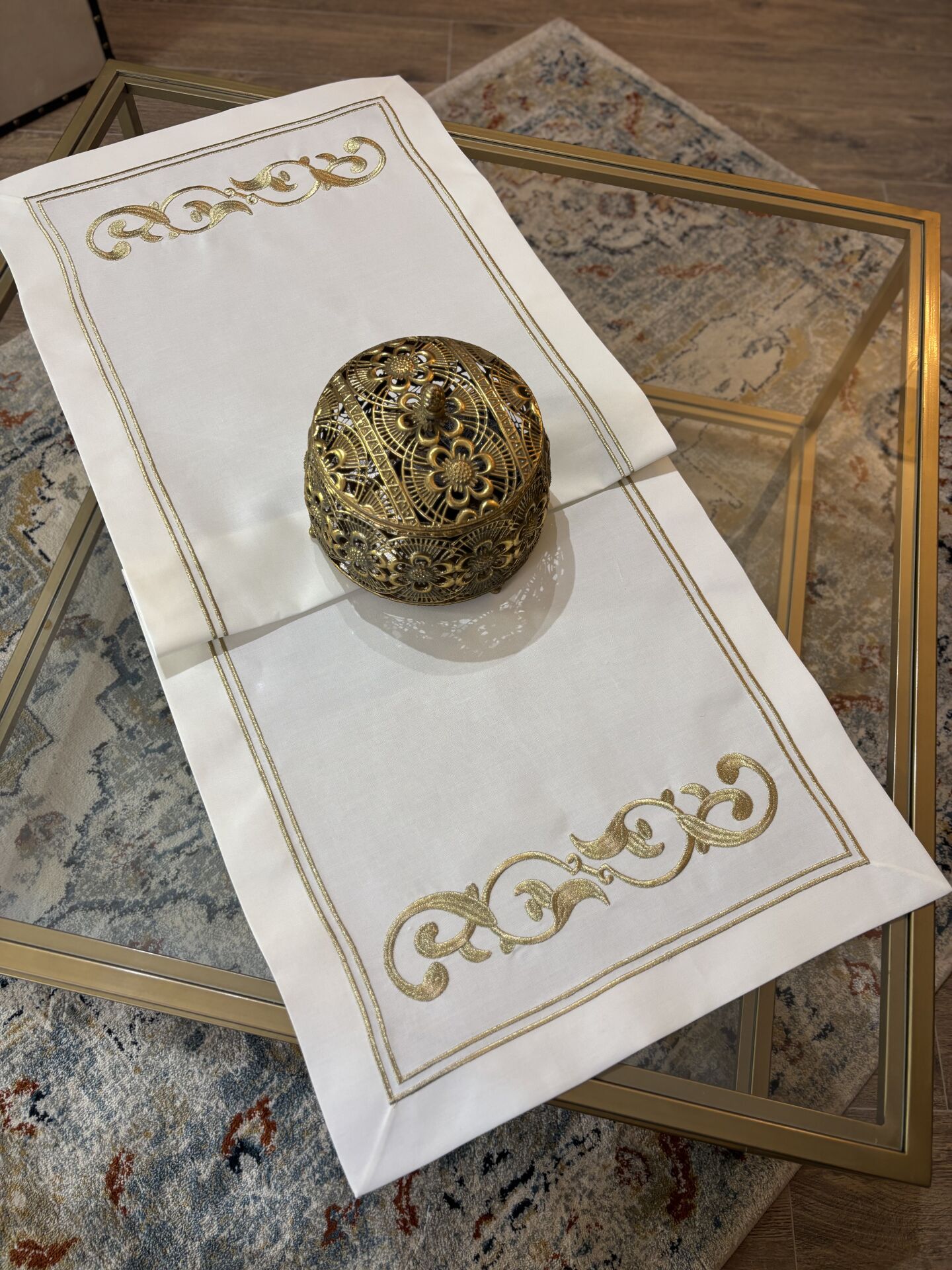 Nakışlı Keten Runner | Ekru&Gold