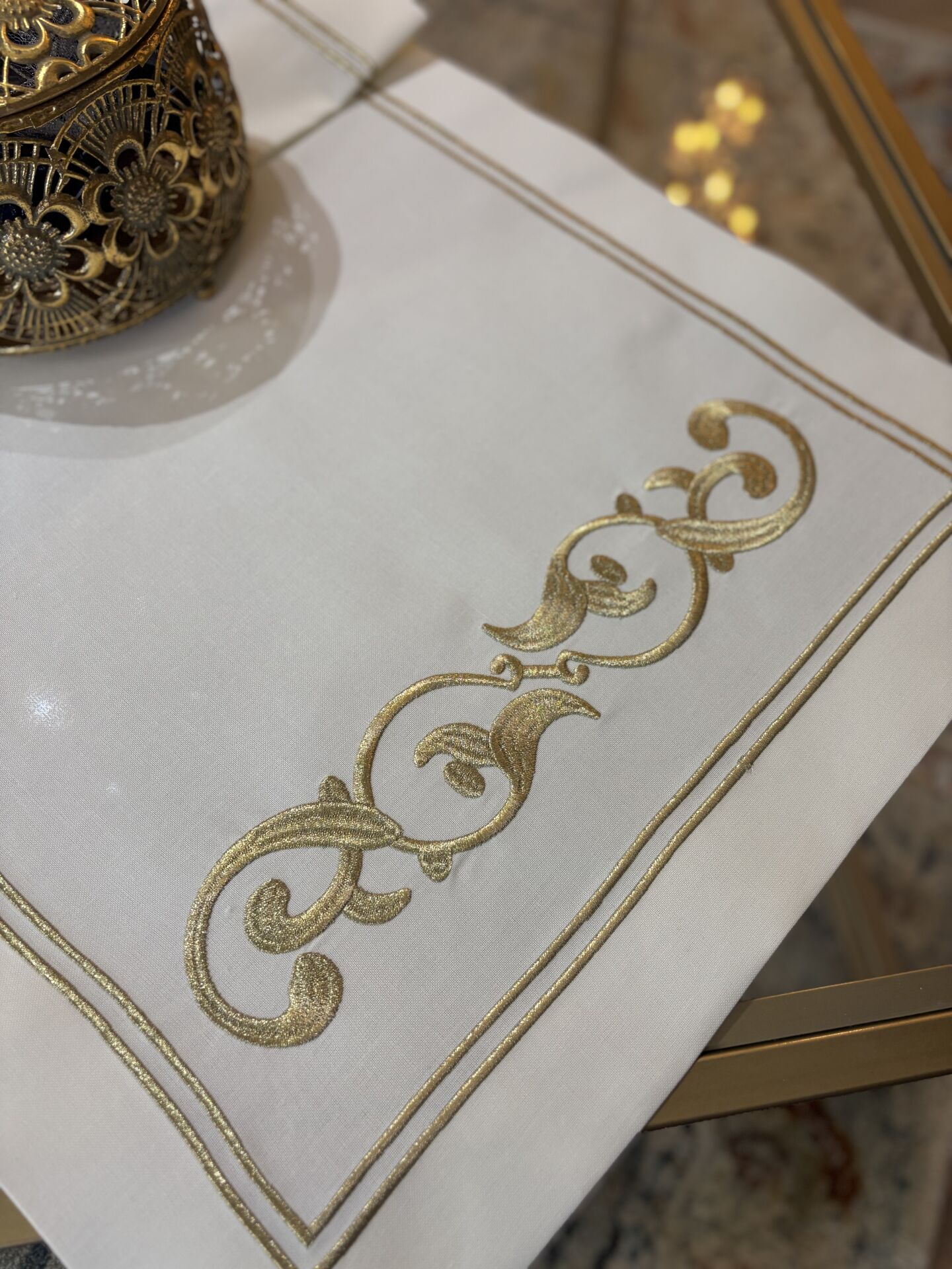 Nakışlı Keten Runner | Ekru&Gold