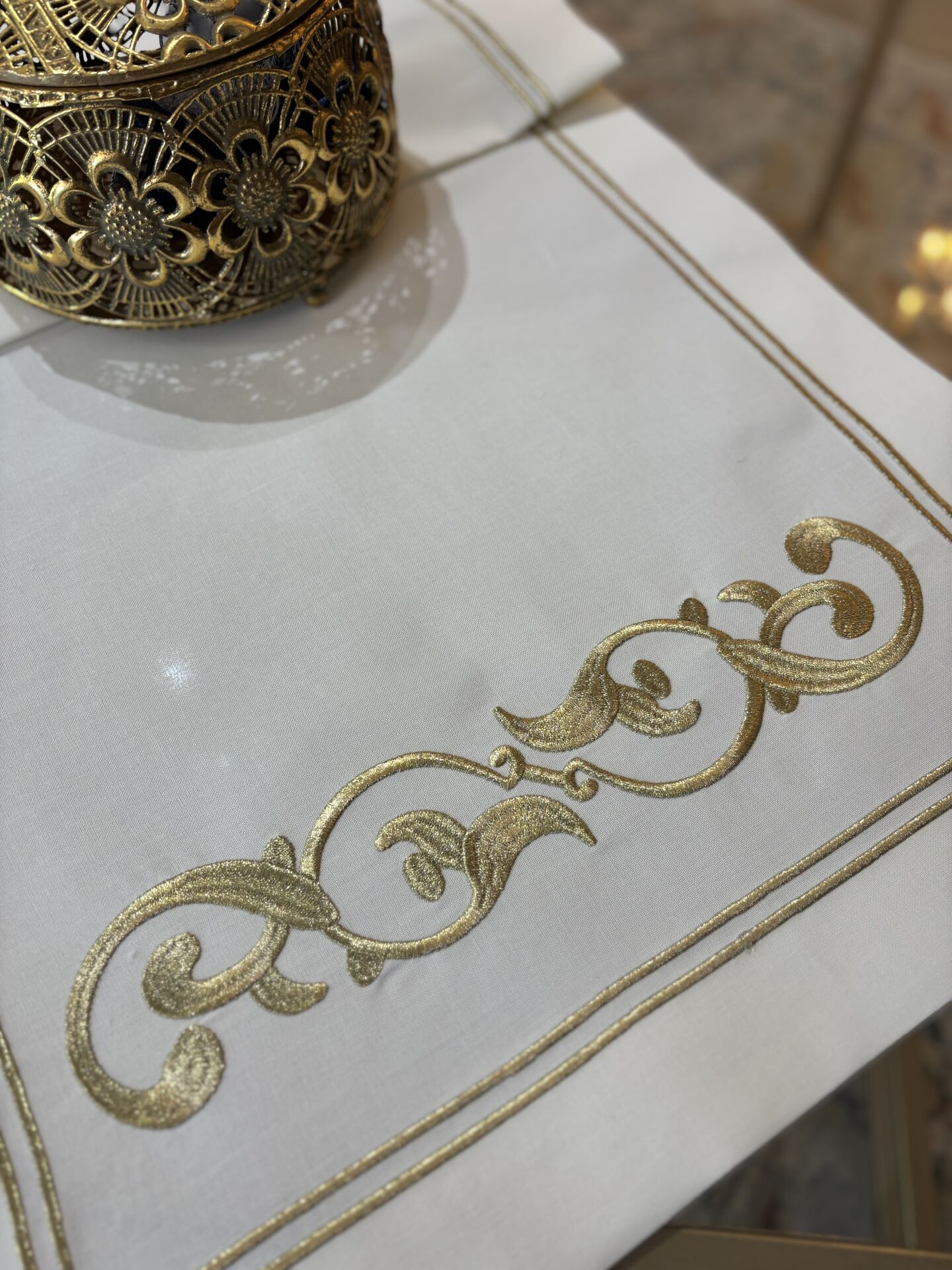 Nakışlı Keten Runner | Ekru&Gold
