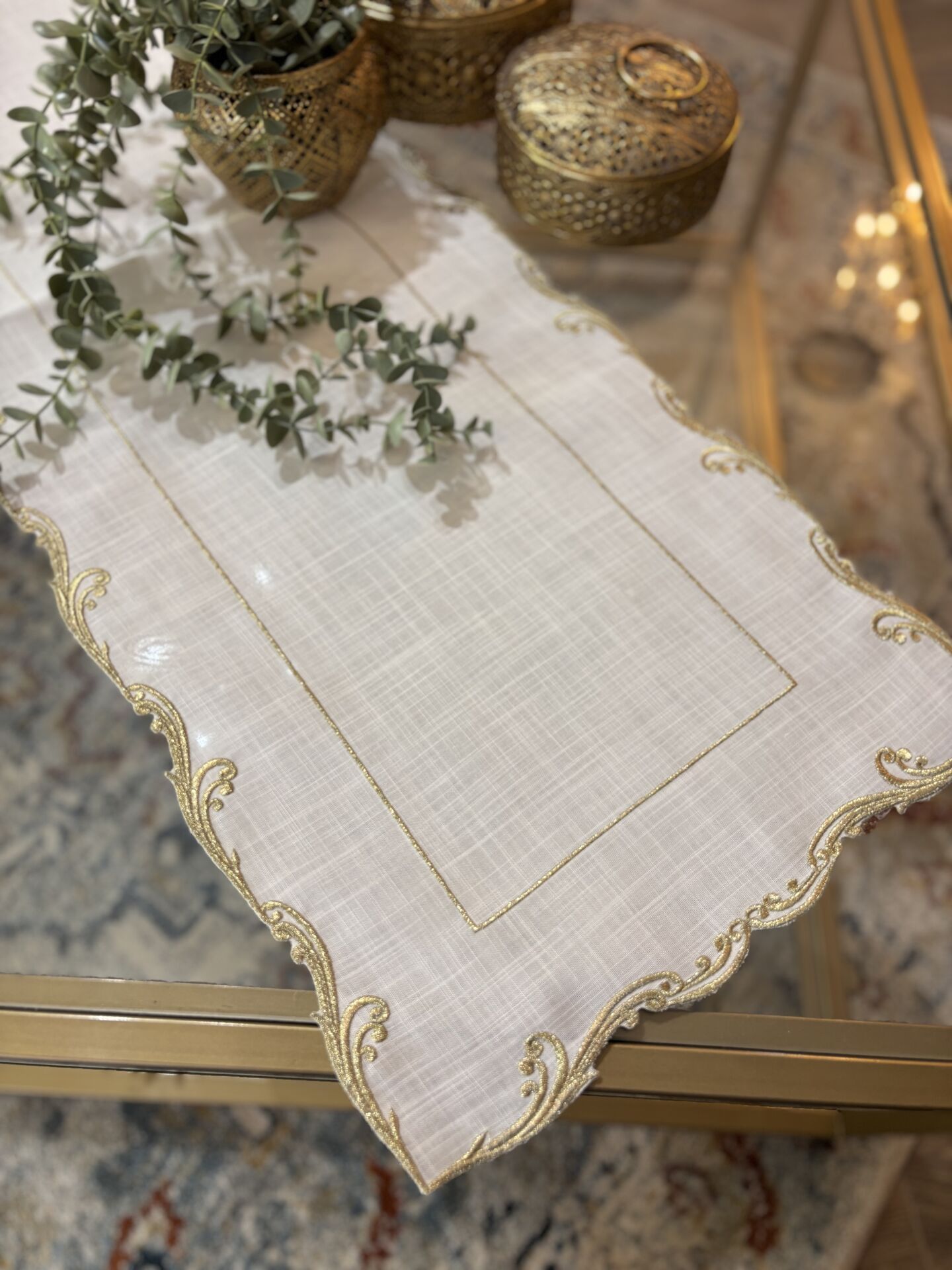 Nakışlı Keten Runner | Ekru&Gold