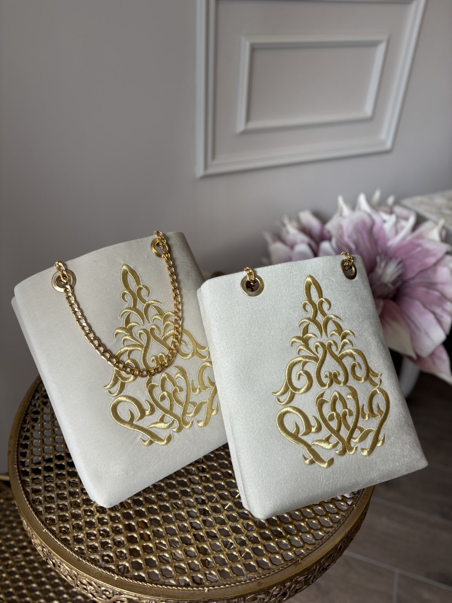 Nakışlı Kadife Çanta | Krem&Gold