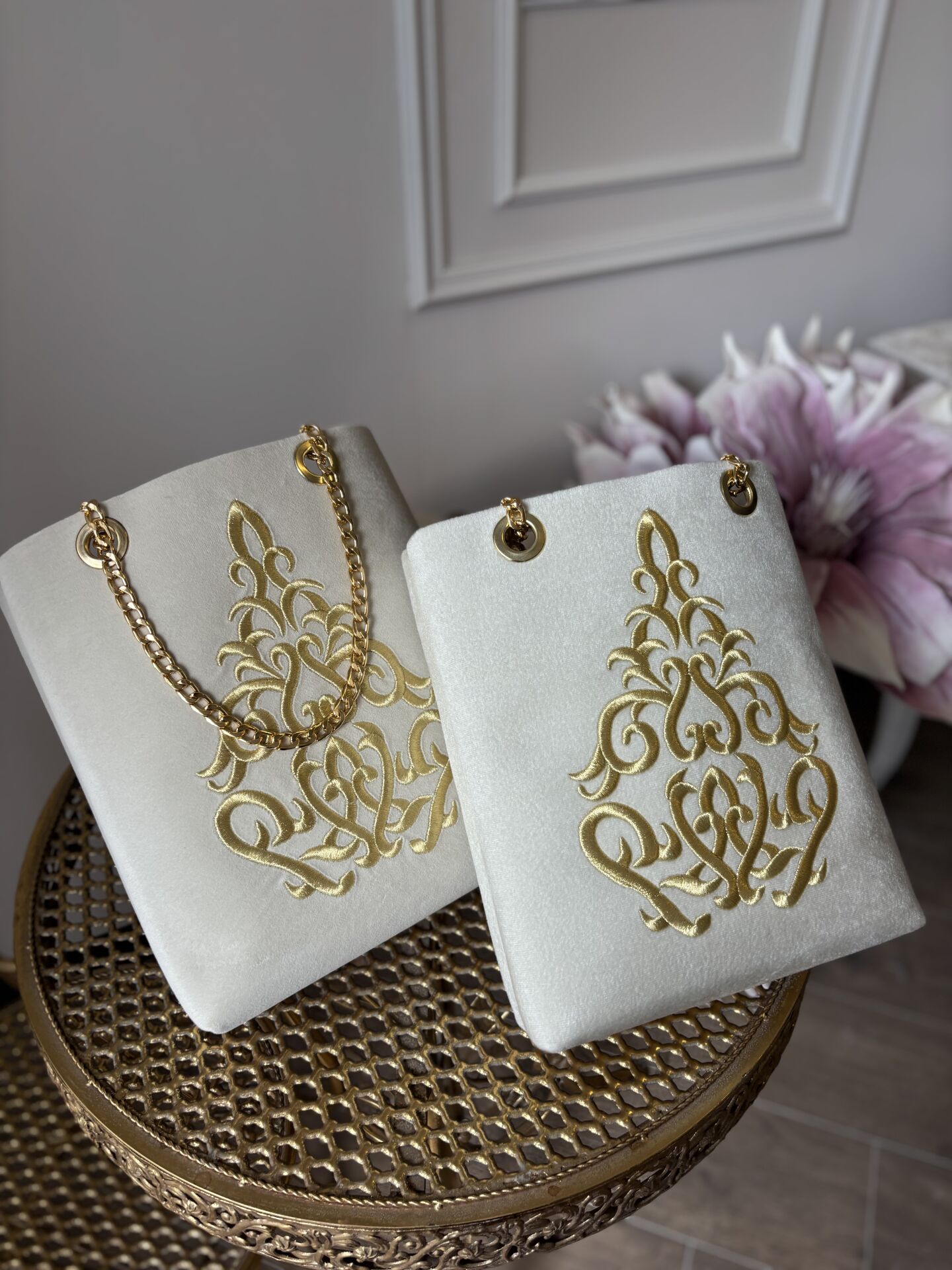 Nakışlı Kadife Çanta | Krem&Gold
