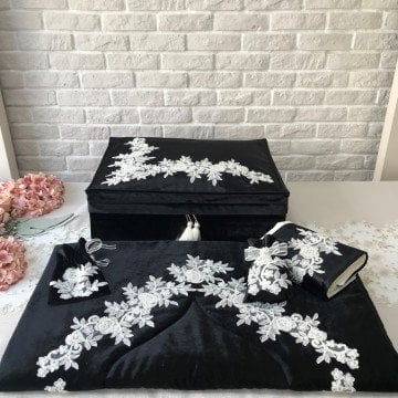 Fransız Dantelli Seccade Takımı | Siyah&Ekru