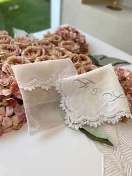 Keseli&Nakışlı Söz Mendili |Ekru&Gümüş