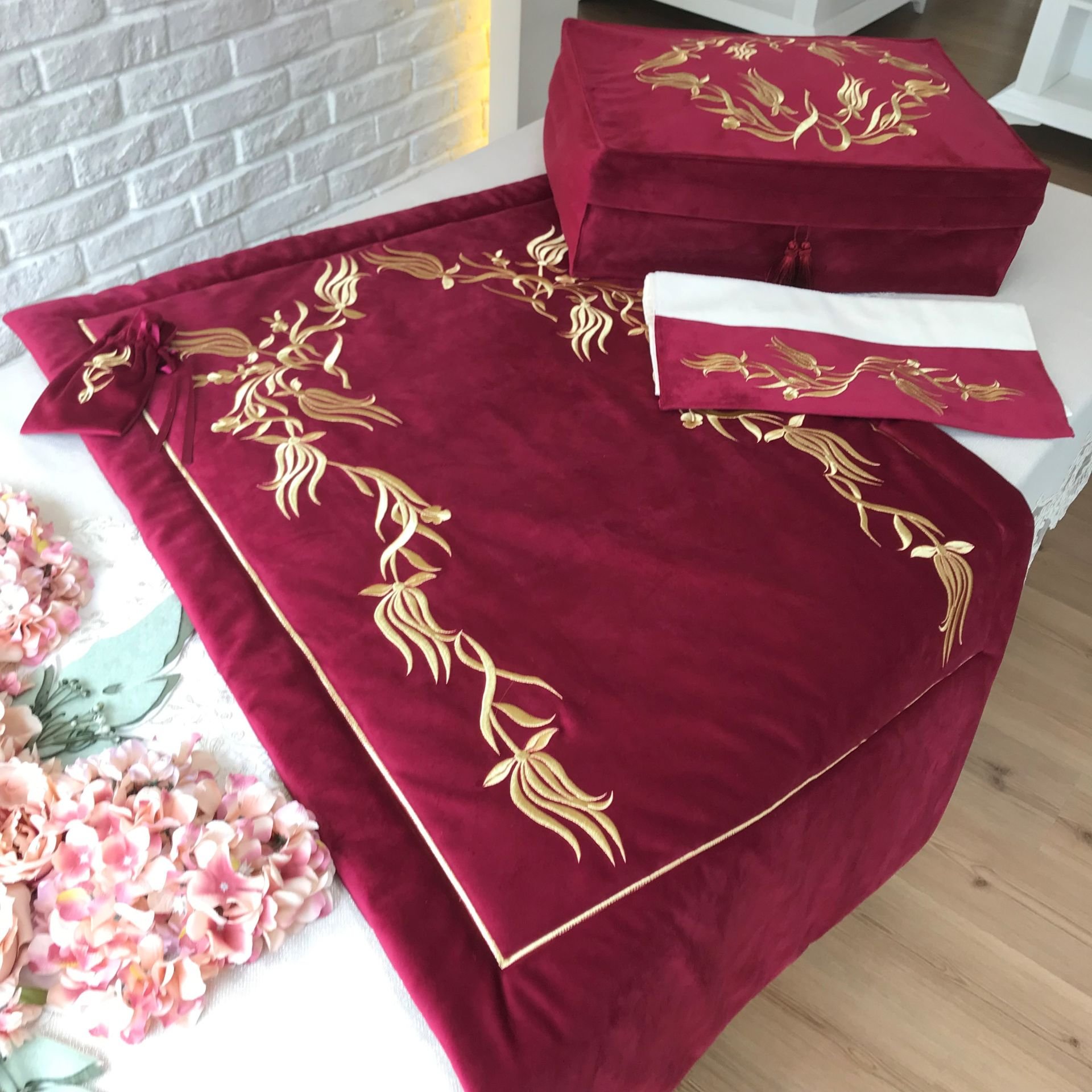 Nakışlı Seccade Takımı | Bordo&Gold
