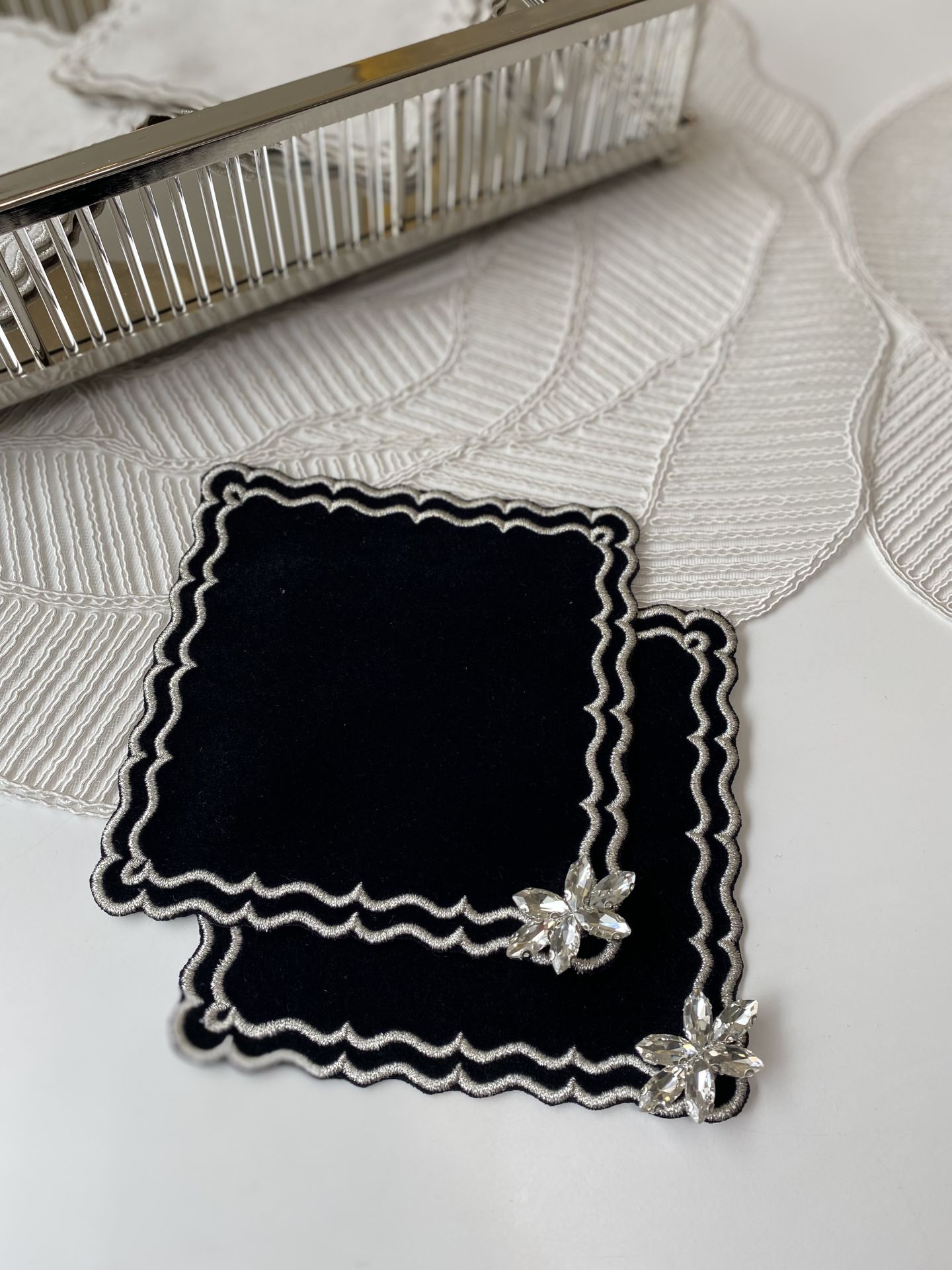 2’li Kadife Kokteyl Peçetesi | Siyah&Gümüş