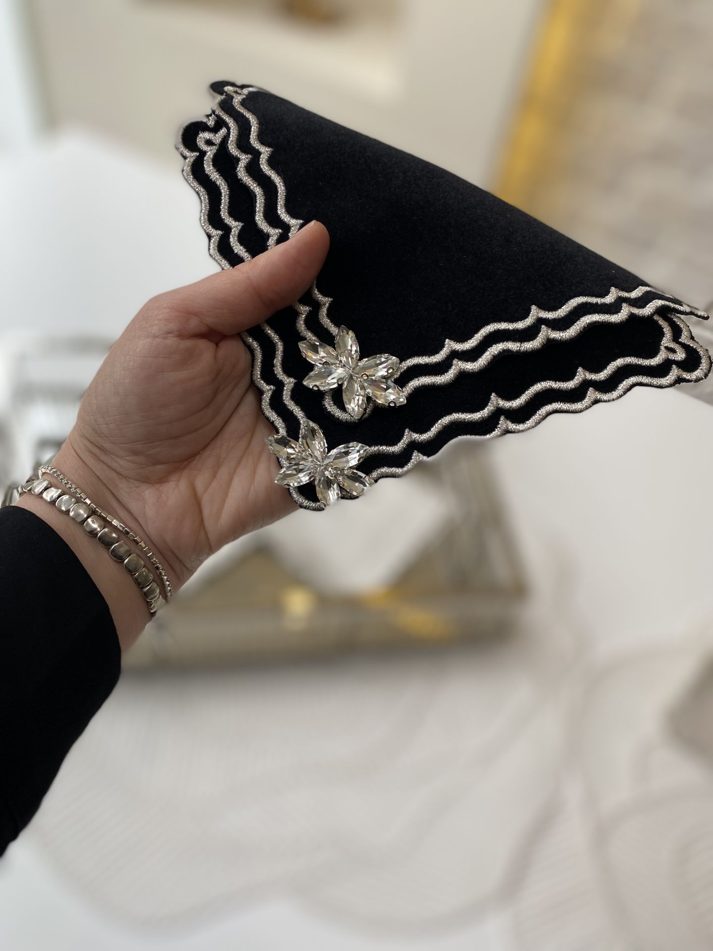 2’li Kadife Kokteyl Peçetesi | Siyah&Gümüş