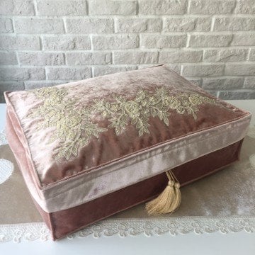 Fransız Dantelli Kadife Hurç | Gül Kurusu&Gold