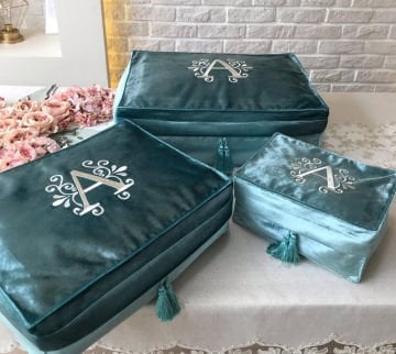 Harf Nakışlı 3’lü Hurç | Turkuaz