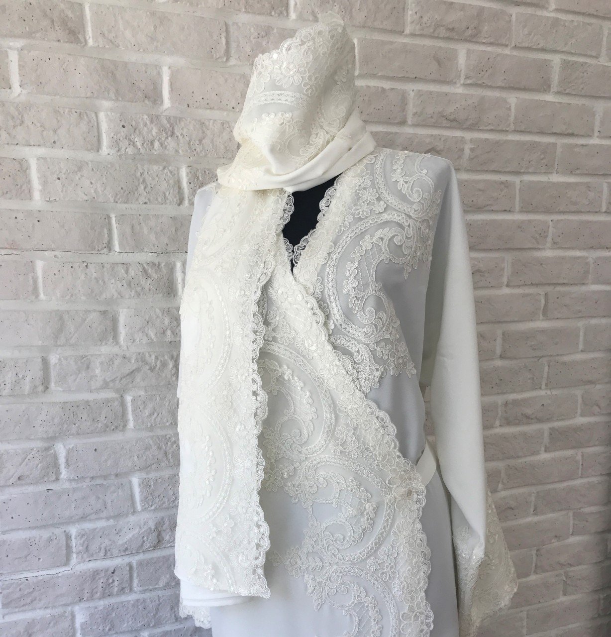 Dantelli Namaz Elbisesi&Başörtüsü | Ekru