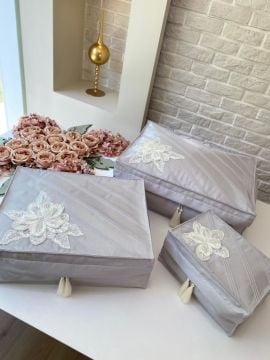 Nervür Detaylı & Fransız  Dantelli Hurç | Gri