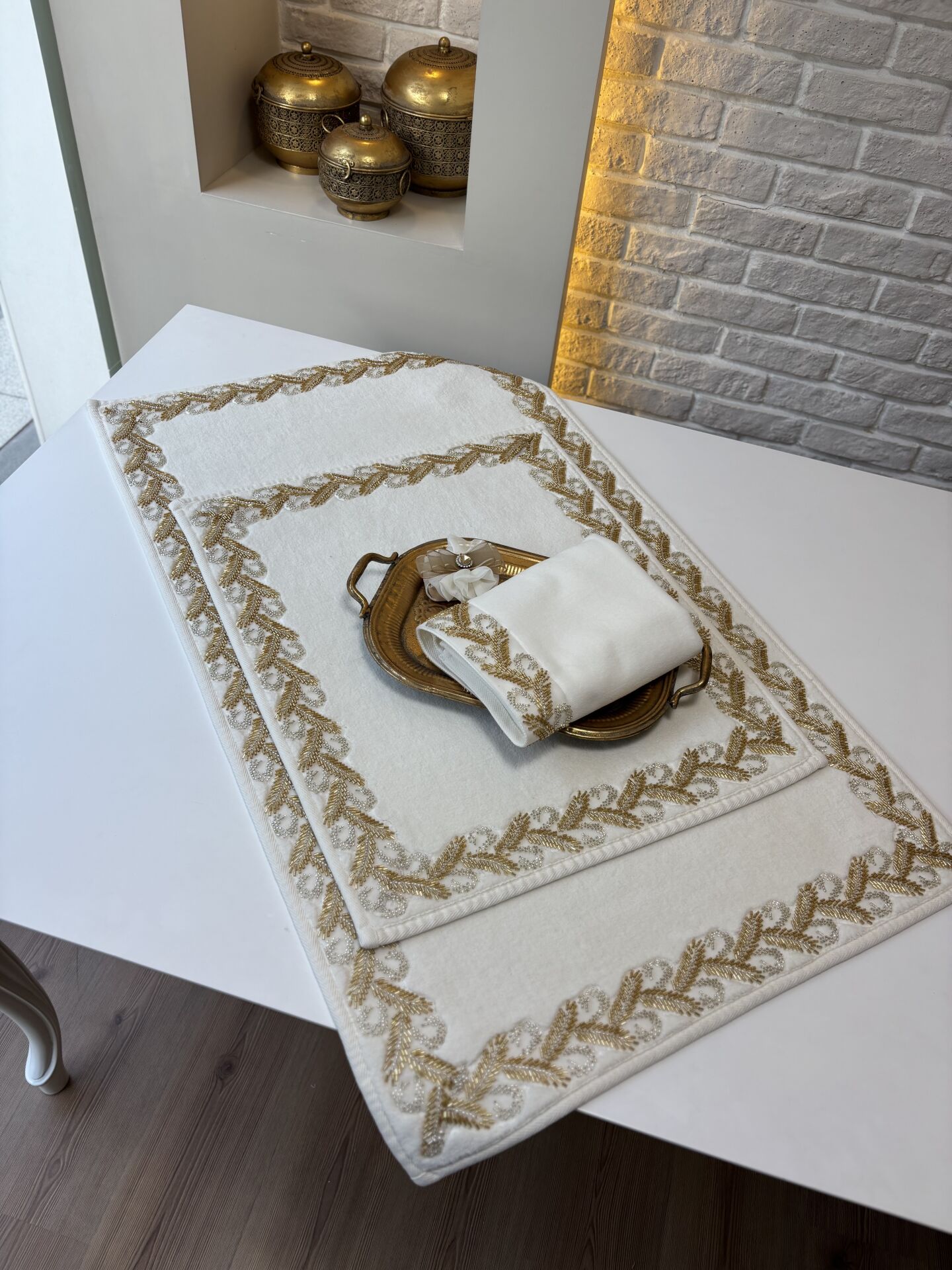 Taşlı Paspas Takımı | Ekru&Gold